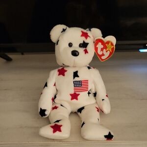 Ty Beanie Babies "Glory" Star-Spangled Bear - White with Red and Navy Blue Stars